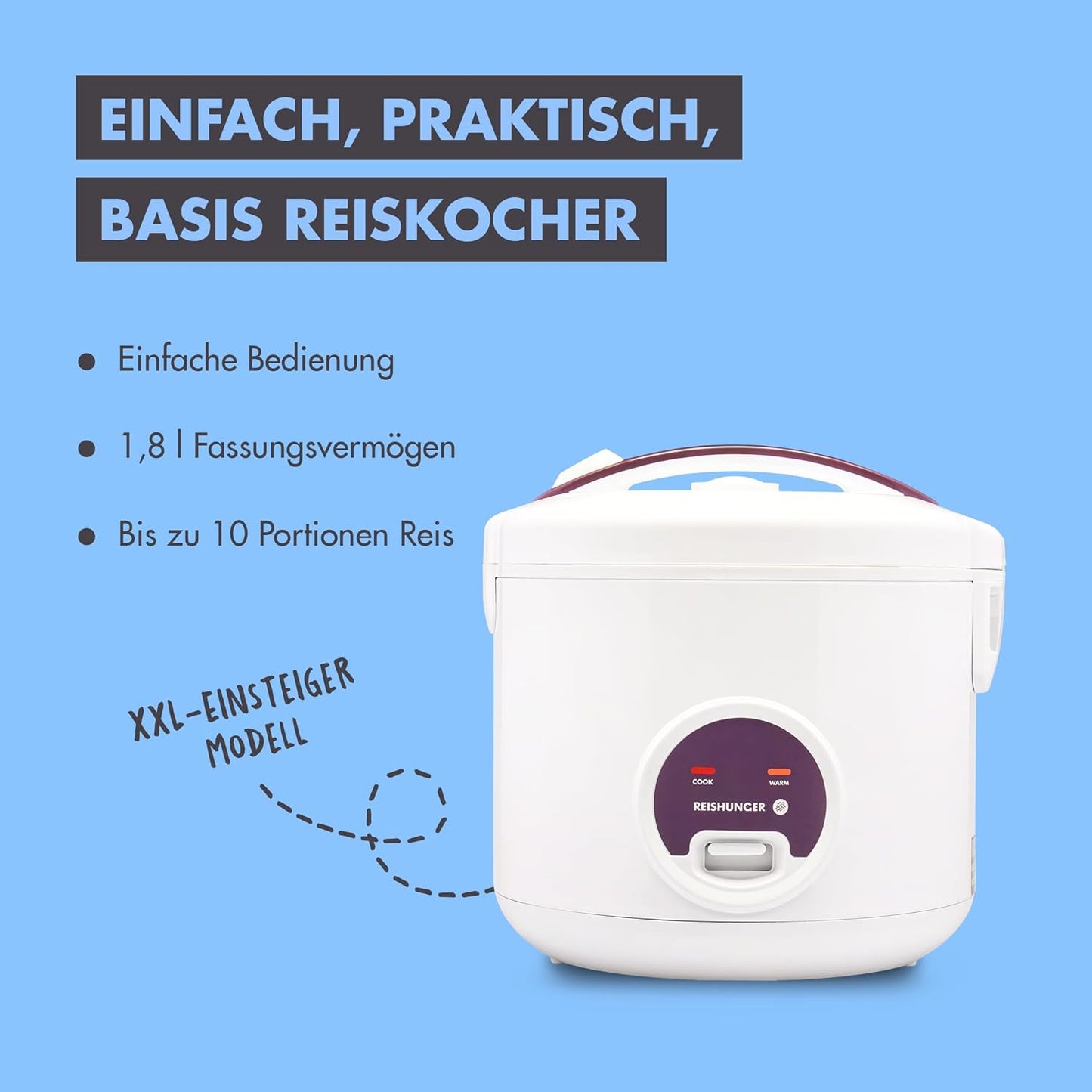 Reiskocher & Dampfgarer mit Keramikbeschichtung, 1,8L | Weiss