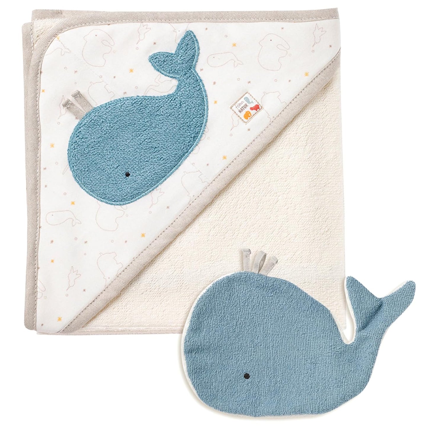 Baby-Badetuch & Waschhandschuh-Set Wal, Bade-Set Wal NATUR
