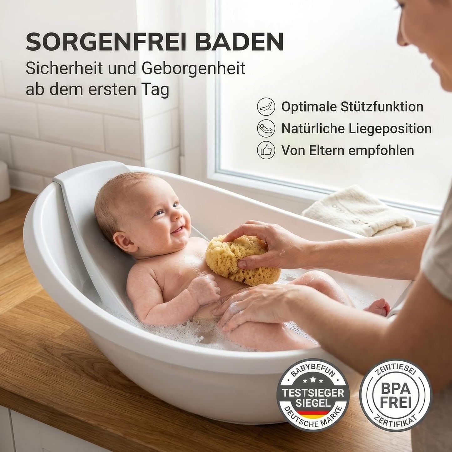 Babybadewanne mit Einsatz für Neugeborene, weiss