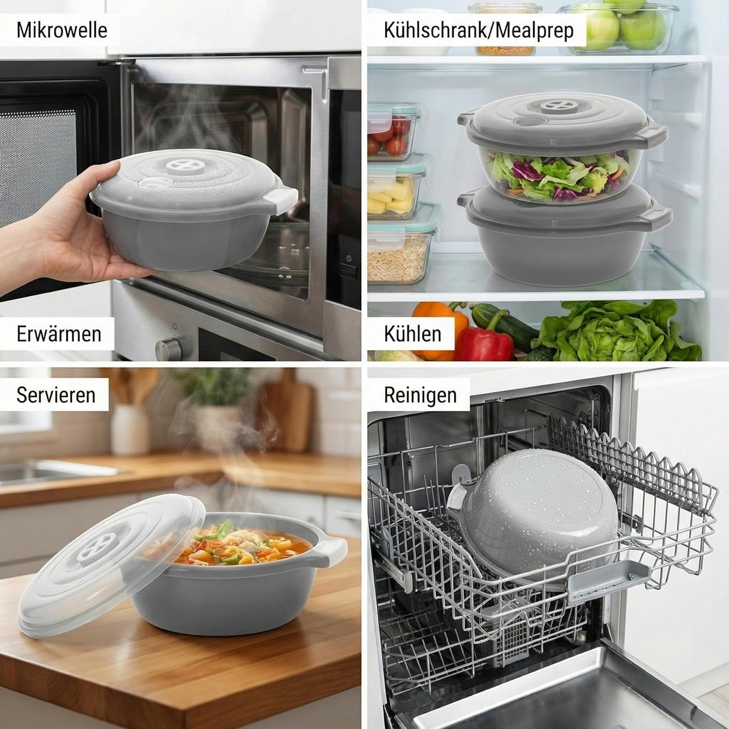 2-teiliges Mikrowellenschüssel-Set mit Dampfventil, Grau