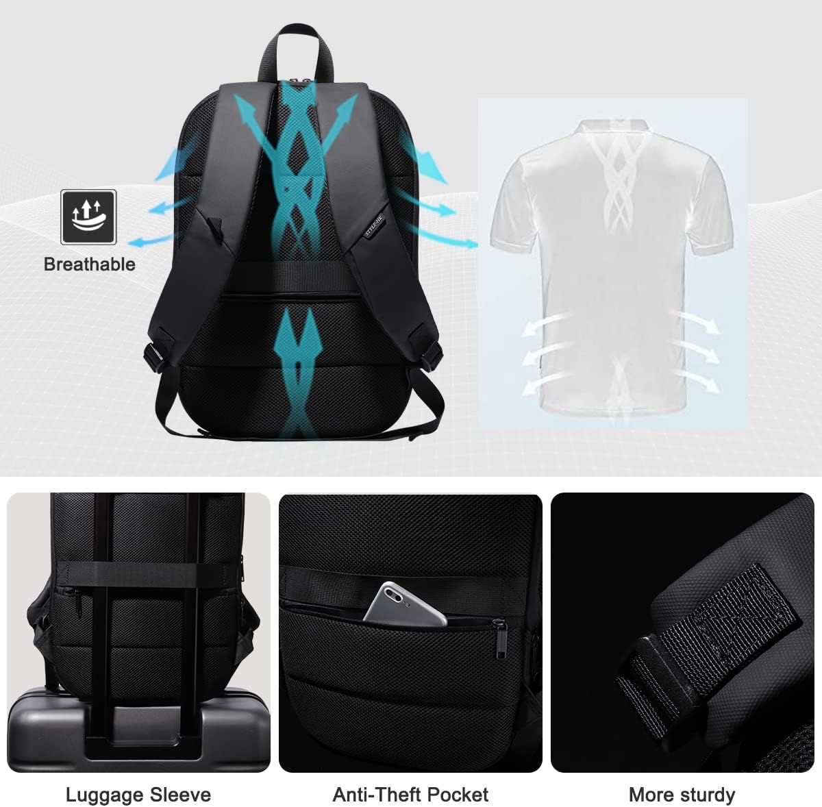 Laptop-Reiserucksack 17 Zoll mit USB-Anschluss, Schwarz