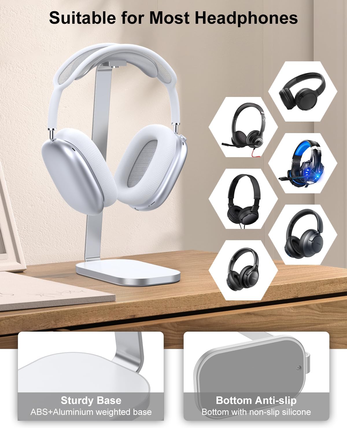 Kopfhörerständer für Over-Ear und Gaming-Headsets, Silber weiß