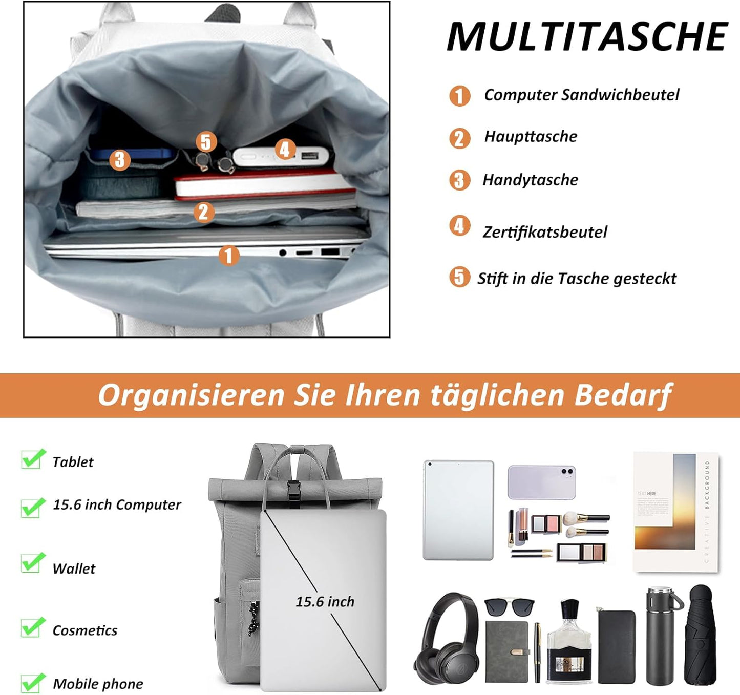 Laptop-Rucksack, 15,6 Zoll, Hellgrau 01