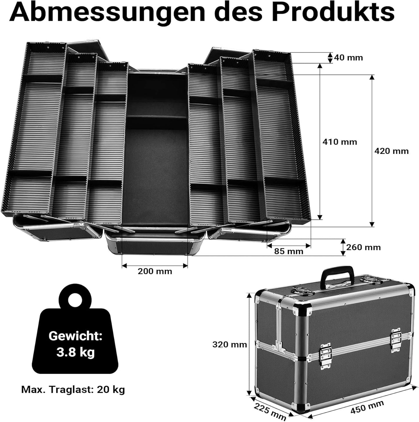 Alu Transportkoffer mit Innenaufteilung, Schwarz 7-XL