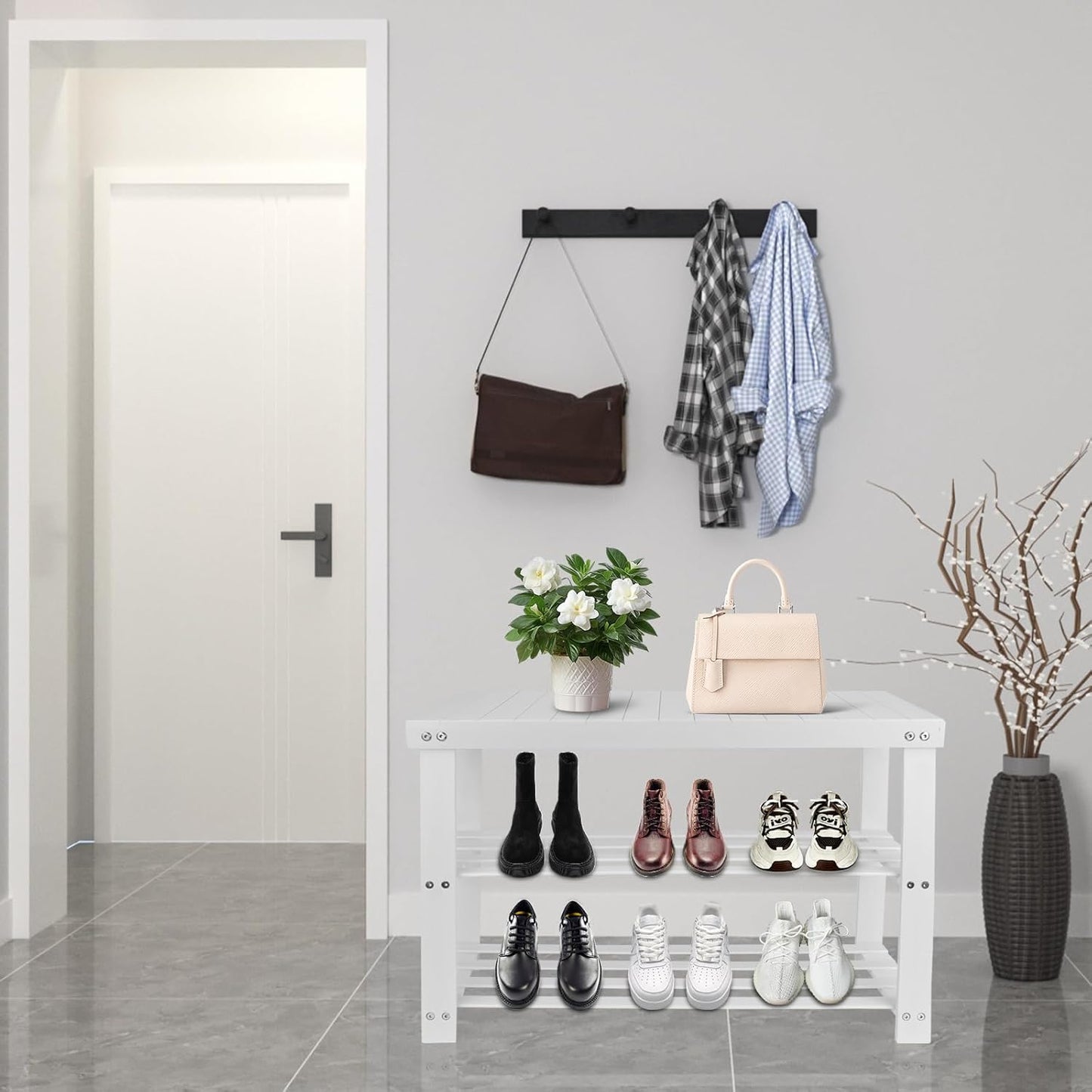 Schuhregal mit Sitzbank und 3 Ablagen, 70 X 27 X 42 Cm (1 Stück) Weiss