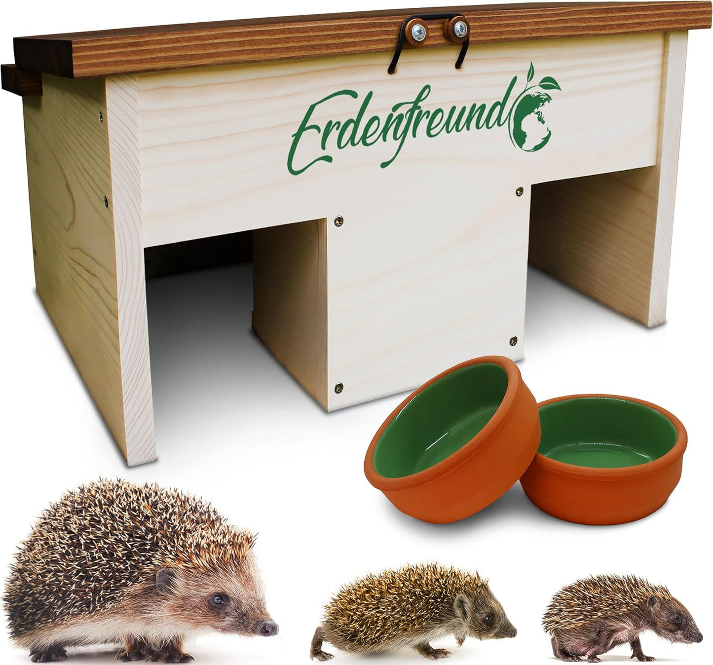 Igelfutterhaus mit Sicherheitsverschluss & Näpfen, Igelfutterhaus inkl. 2er Set Wasser-& Futternapf