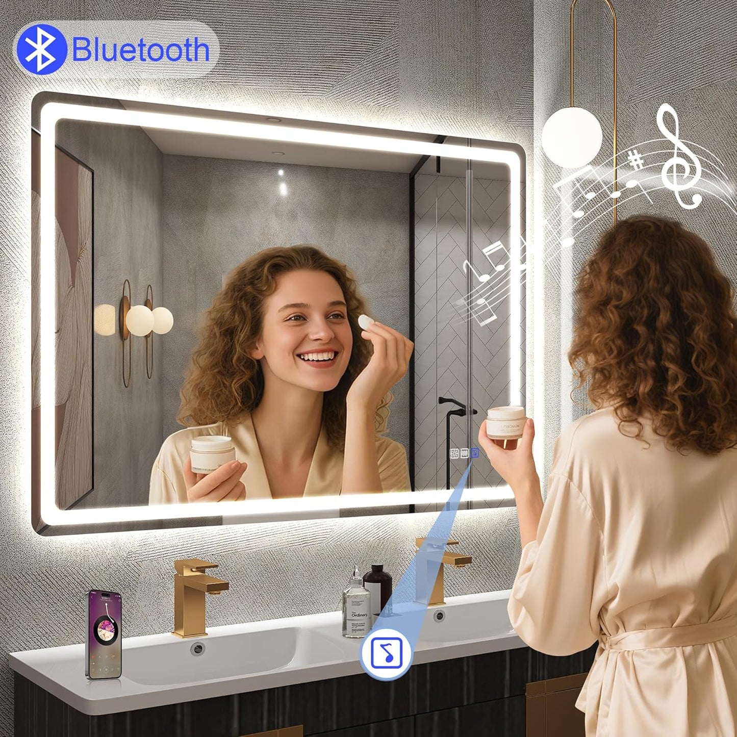 Badezimmerspiegel mit Beleuchtung und Bluetooth, 70 x 100 cm M3015 Madrid Silber (Bluetooth)