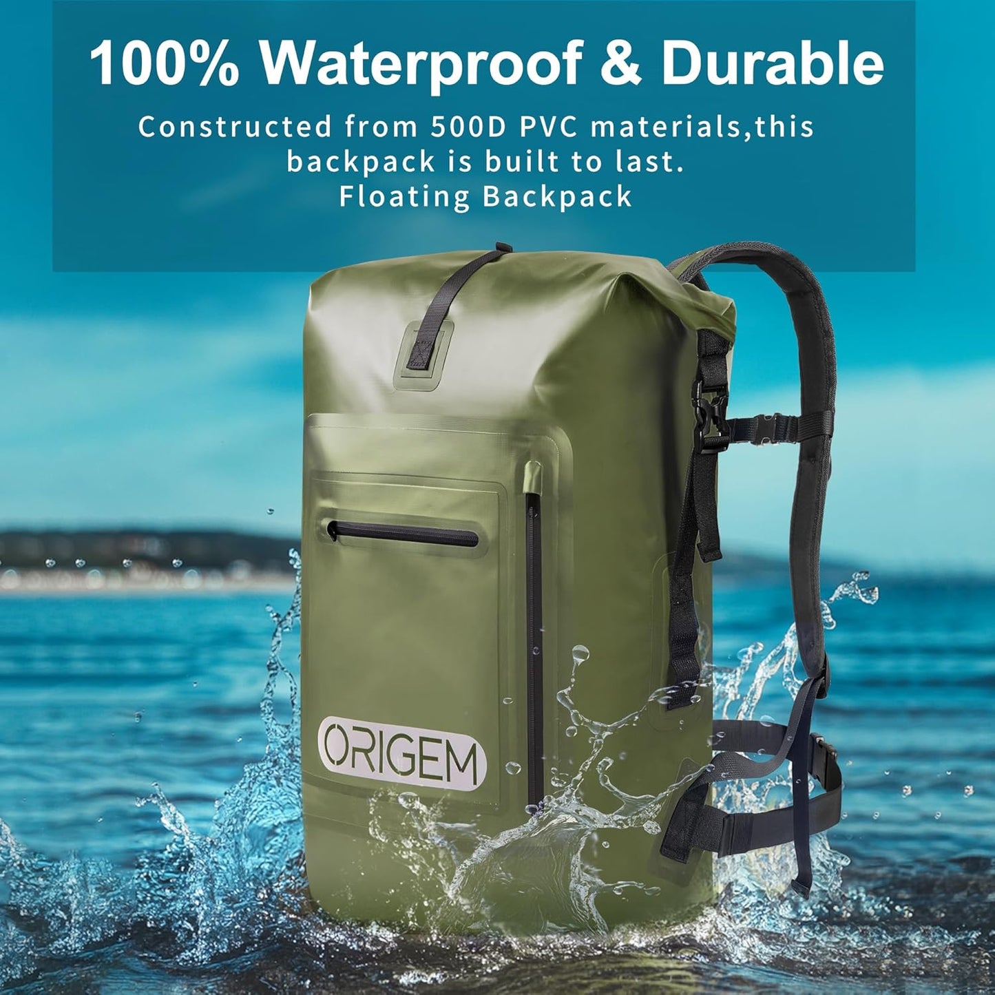Wasserdichter Rolltop-Rucksack, 55 Liter, Armeegrün 55L
