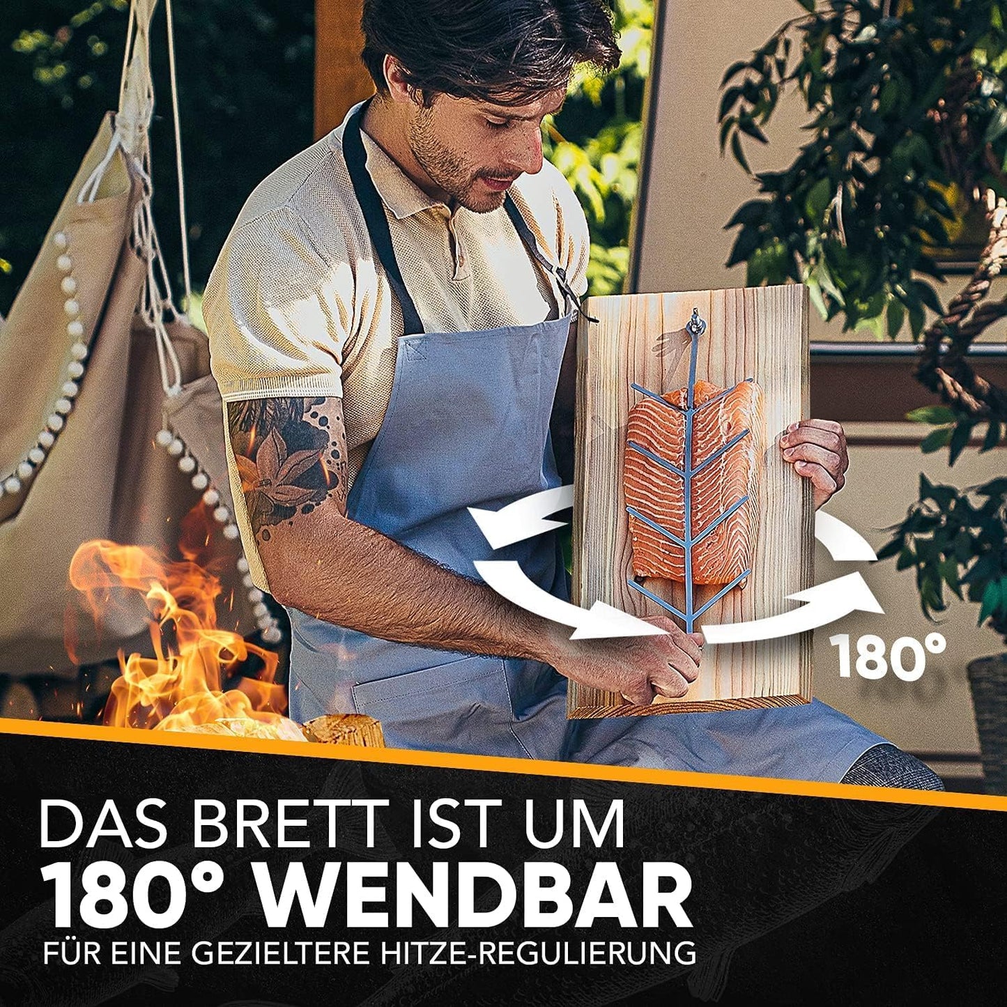 Flammlachsbrett mit Edelstahl-Halterung