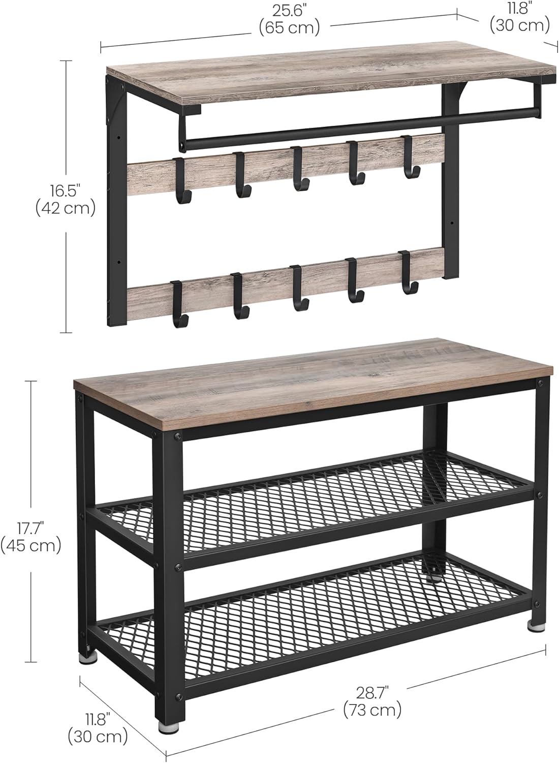 Wandgarderobe mit Schuhbank und Regal (Industrie-Design), 73B cm Greige + Schwarz
