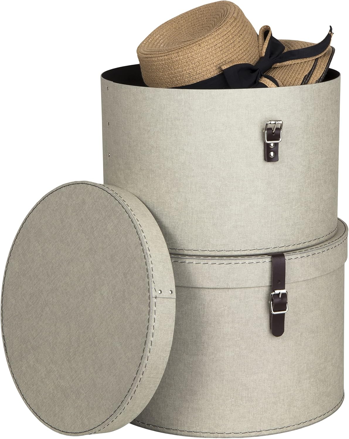 2er-Set Aufbewahrungsboxen mit Lederriemen, Beige