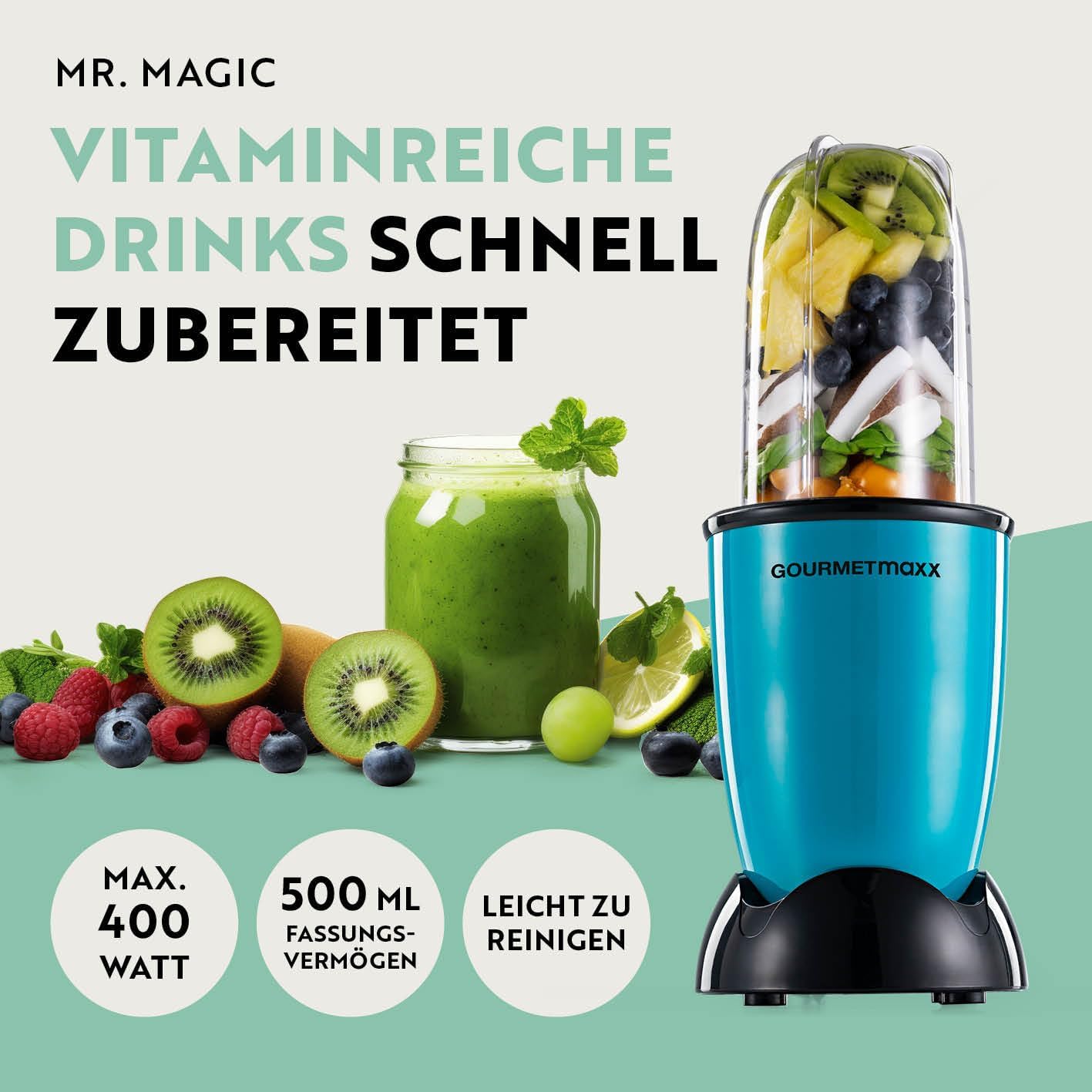 Mr. Magic Power Pro Mixer mit Zubehörset, Mr. Magic Power + | 400W | XL-Set Grün | Schwarz