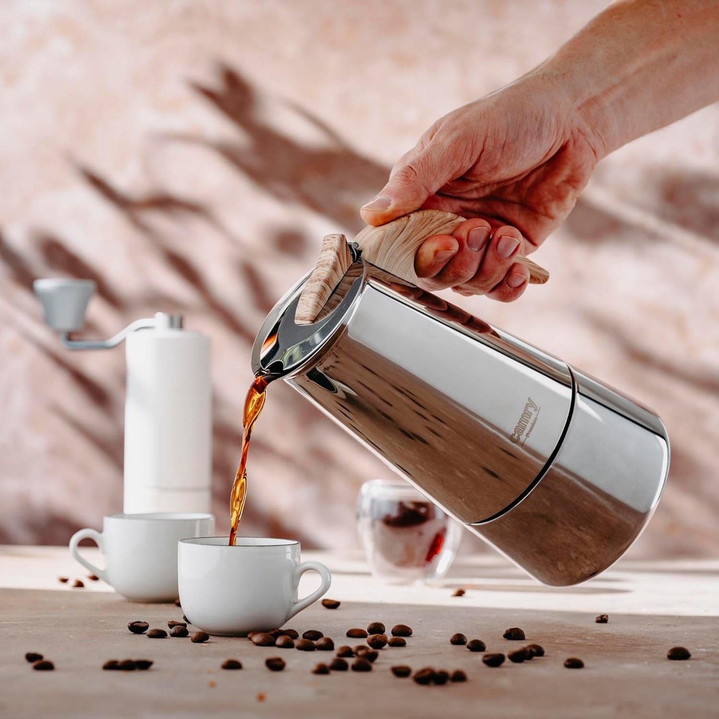 Espressokocher Induktion für 5-6 Tassen, Edelstahl, Stahl/Holz 350ml