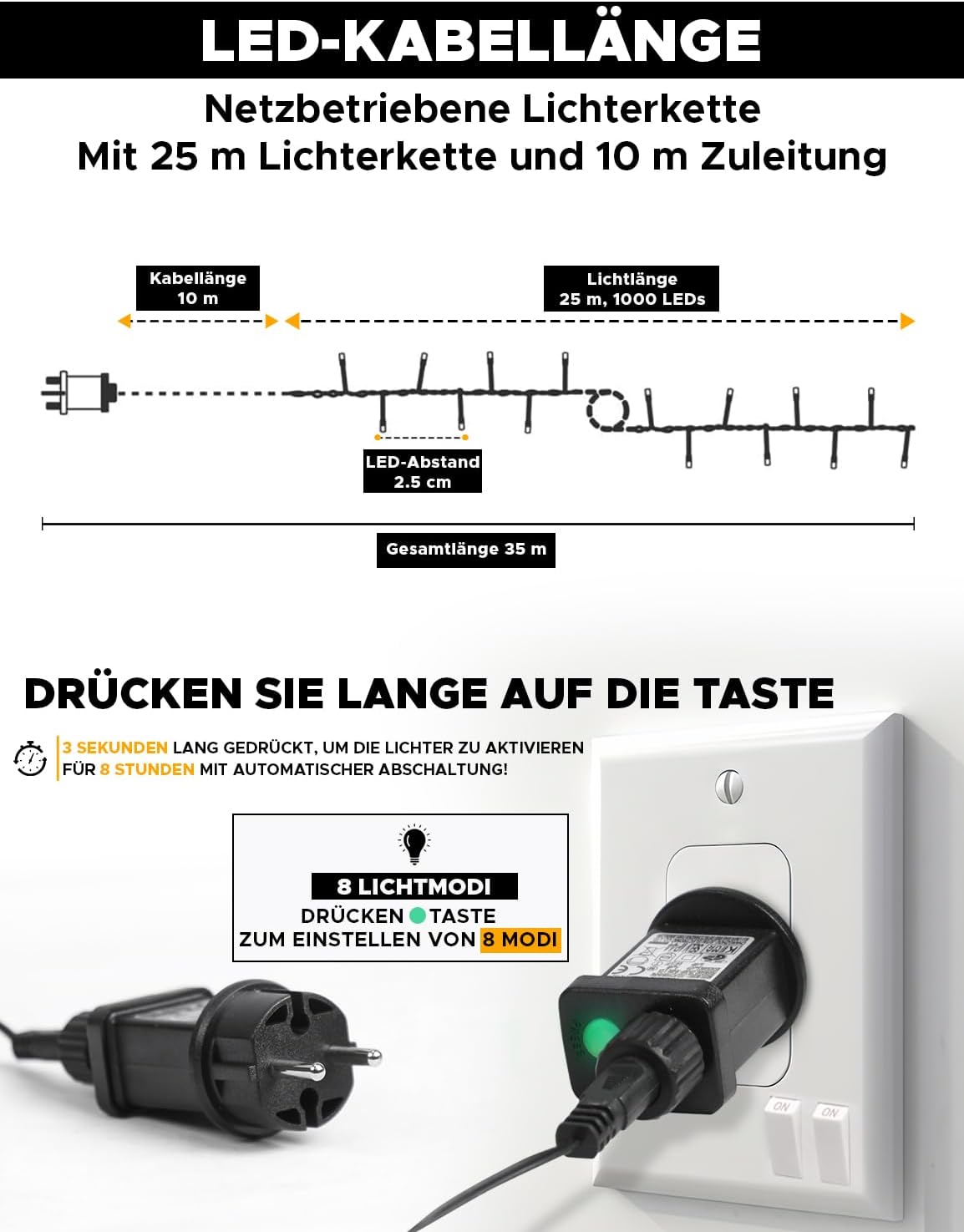 Cluster-Lichterkette mit 1000 LEDs, Timer und Speicherfunktion, Kaltweiss 1000