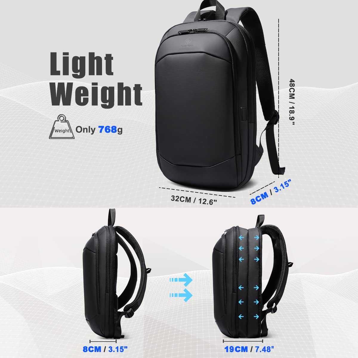 Laptop-Reiserucksack 17 Zoll mit USB-Anschluss, Schwarz