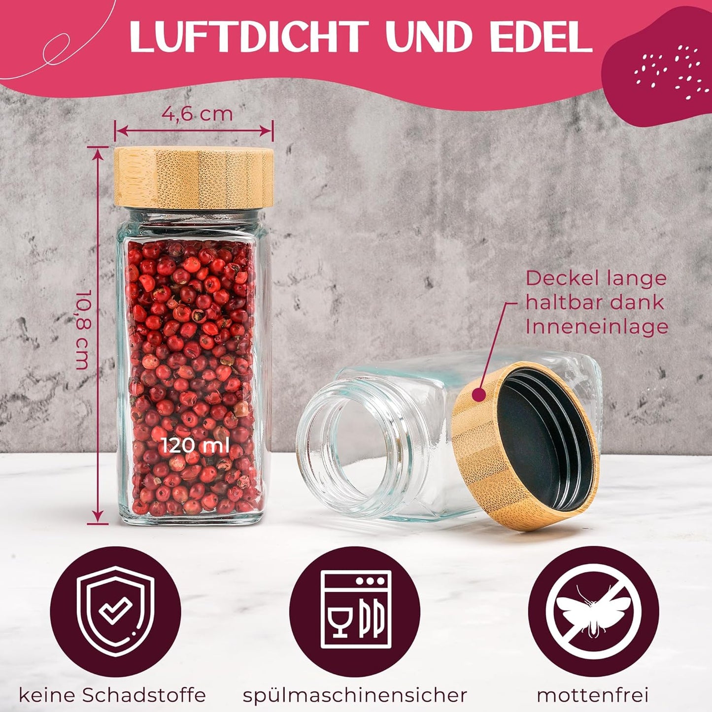 Gewürzgläser Set, Bambus - 24 - schwarze Etiketten