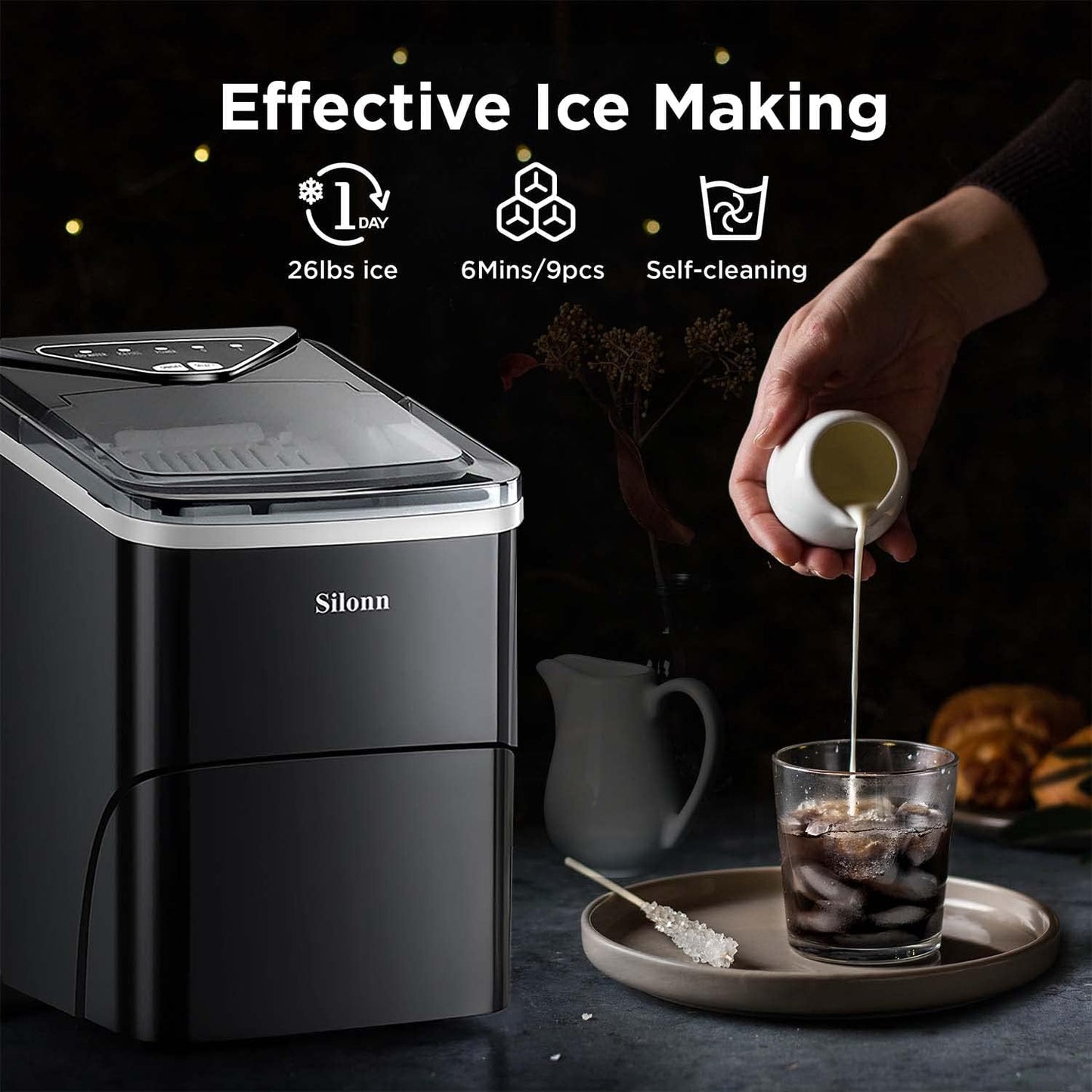 Eiswürfelmaschine, Kapazität 2.0L - 12KG/24H, Schwarz
