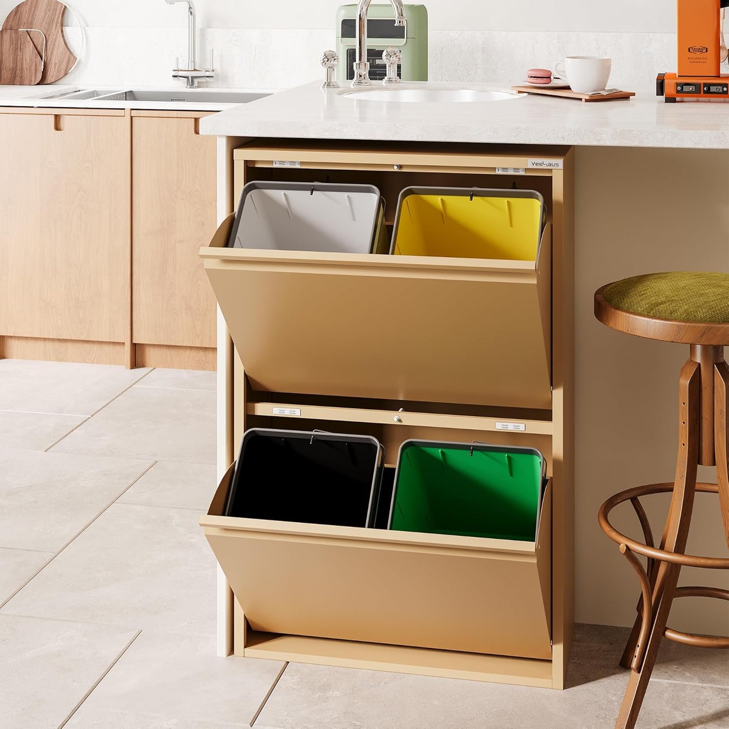Küchen Mülltrennsystem mit Klappdeckel, 4x15L, Beige, 4 X 15 L
