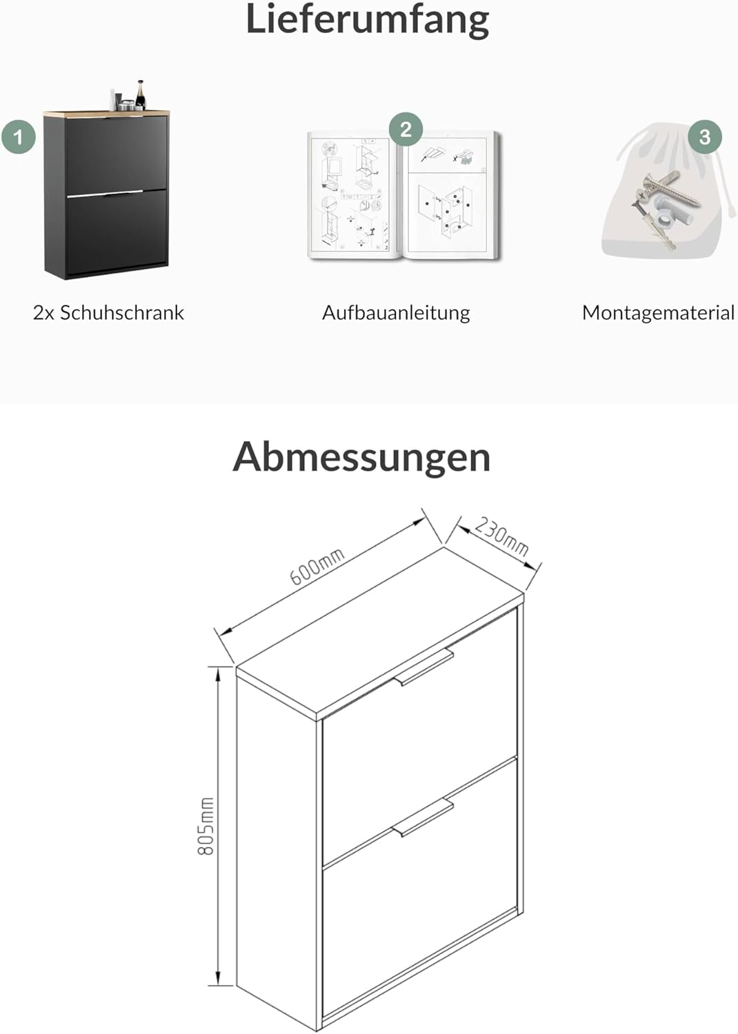 Platzsparender Schuhschrank mit 4 Ablagen, 2x 2 Klappen Schwarz