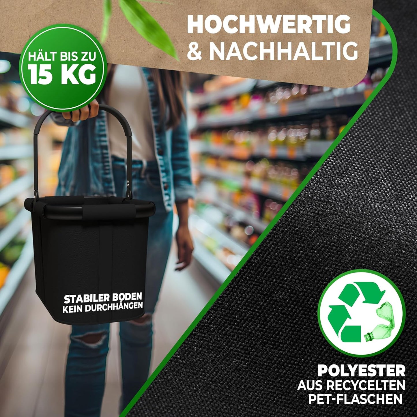 Stabiler Einkaufskorb mit Innentasche und Frontfach, Schwarz