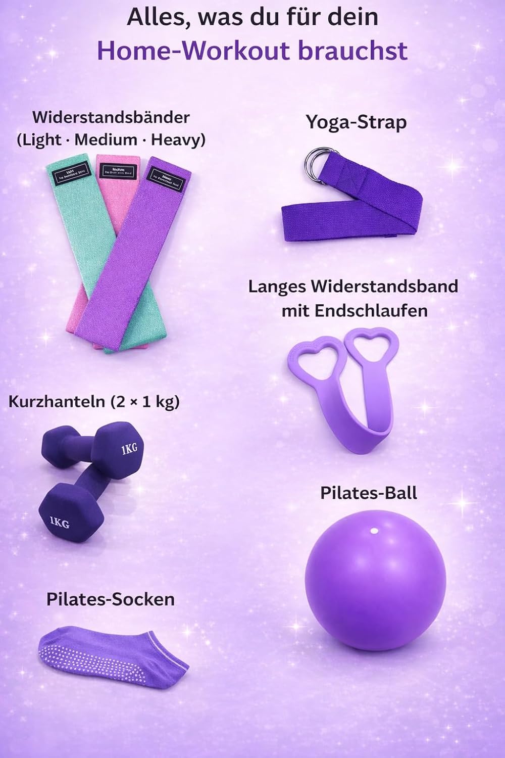 Pilates-Trainingsset mit Widerstandsbändern & Pilatesball, Violett