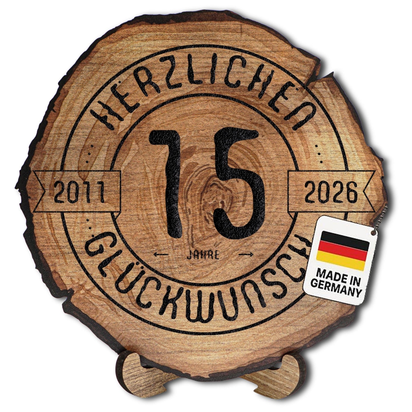 Baumscheibe mit Gravur zum 15. Firmenjubiläum, 15 Jahre M 20cm