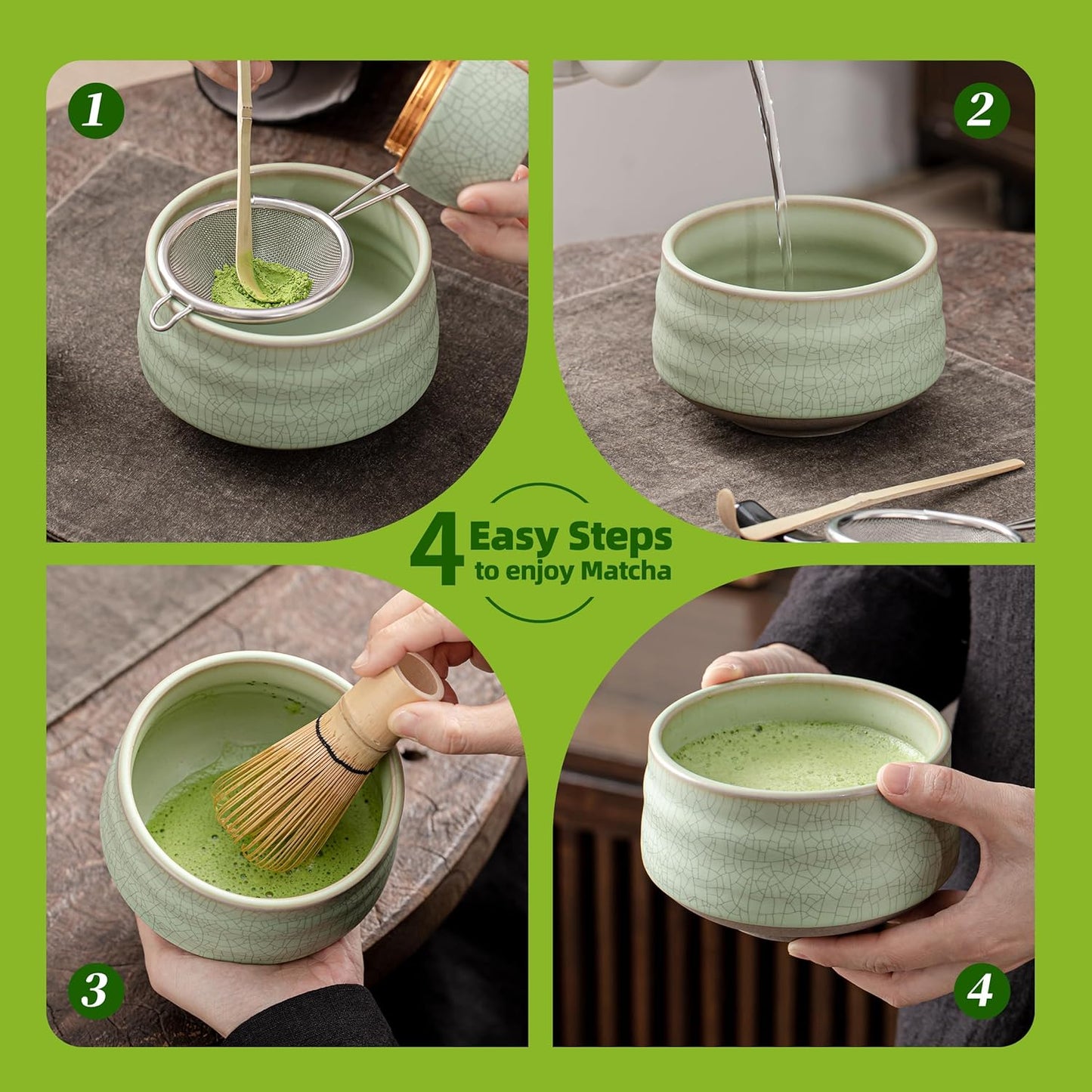 Komplettes Matcha-Zubehörset, normale Schüssel Hellgrün mit Schwarzer Linie