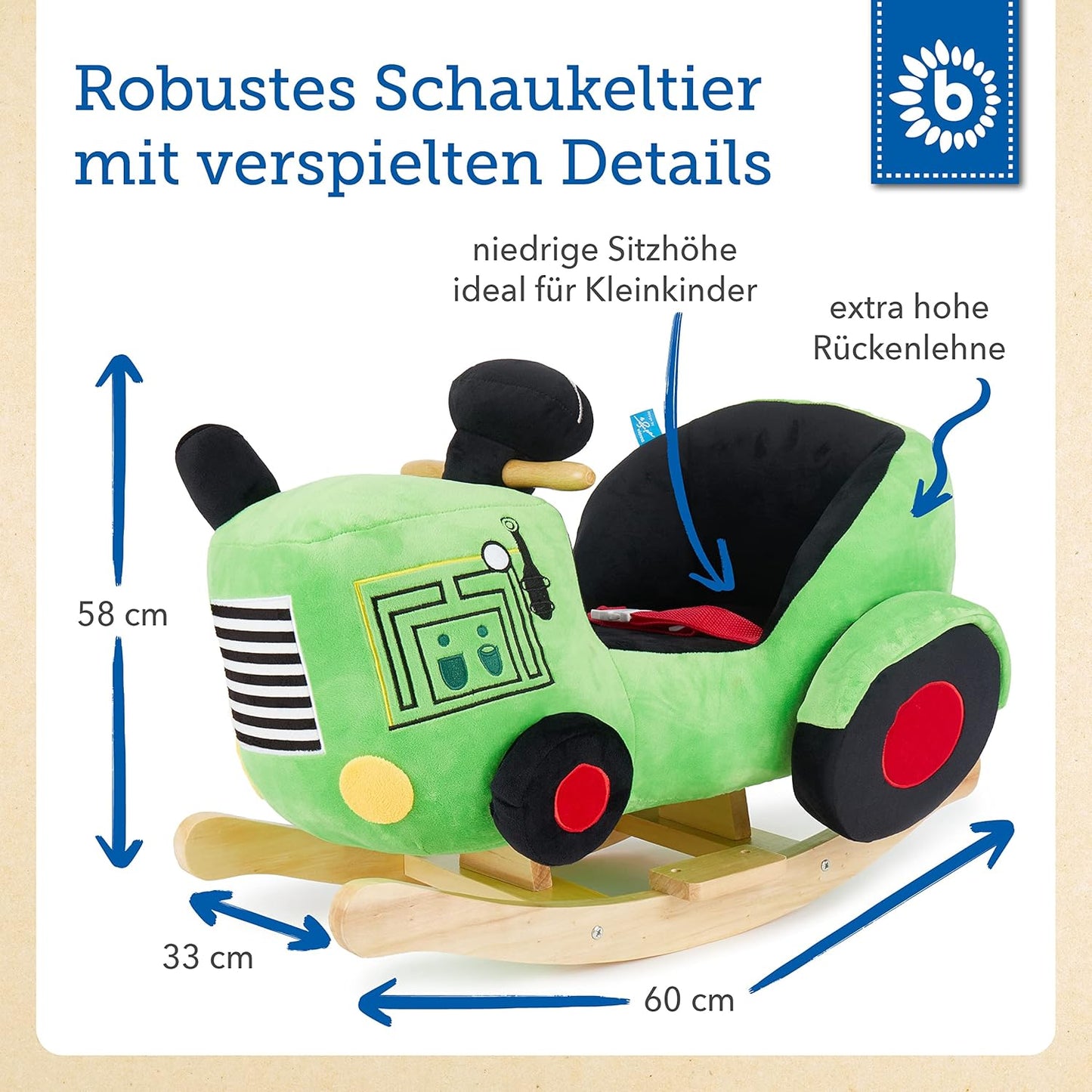Plüsch Schaukeltier Traktor mit Sicherheitsgurt, grün