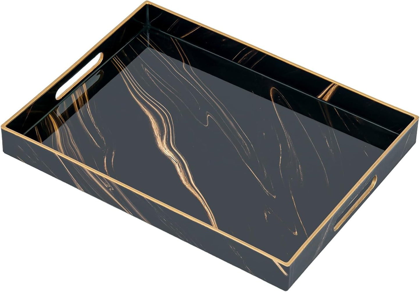 Rechteckiges Serviertablett mit Griffen, Schwarz Gold 40 x 30 x 4 cm Marmor