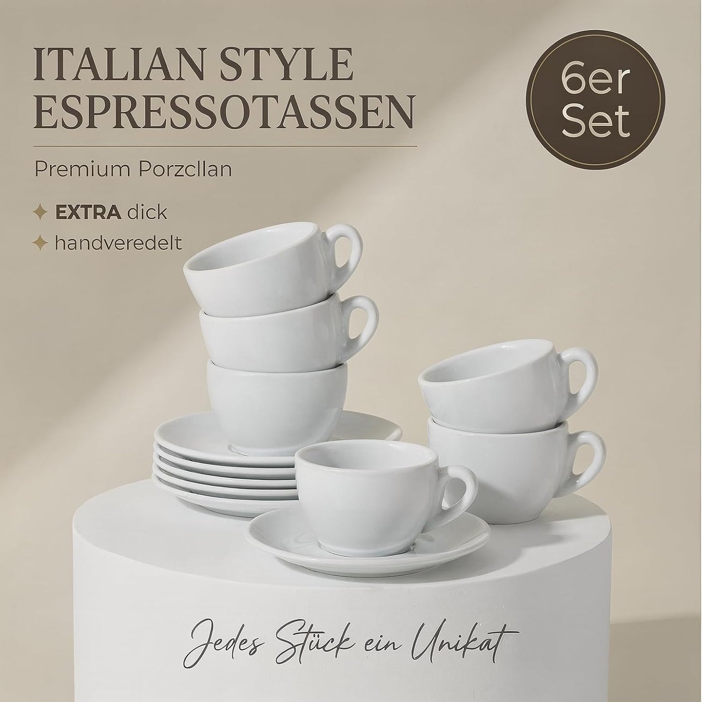 6er-Set Espressotassen mit Untertassen, Weiss 60 ml
