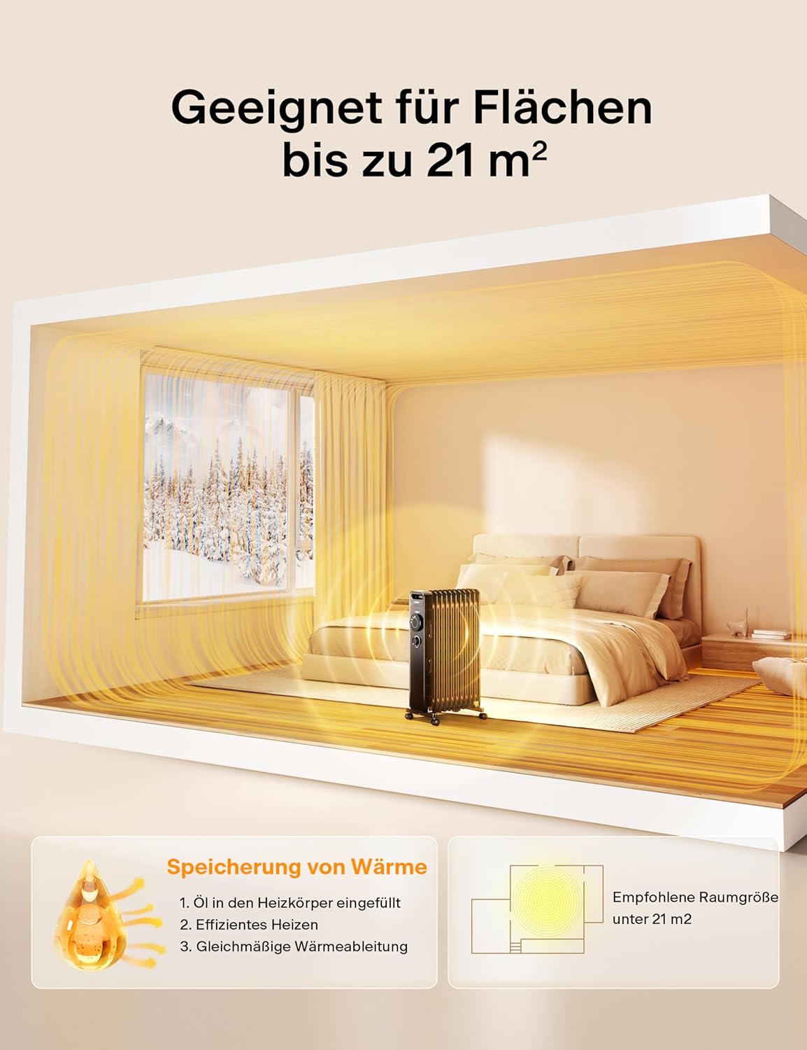 Ölradiator mit Thermostat & Schutzfunktionen, 11 Rippen ohne Fernbedienung / Schwarz