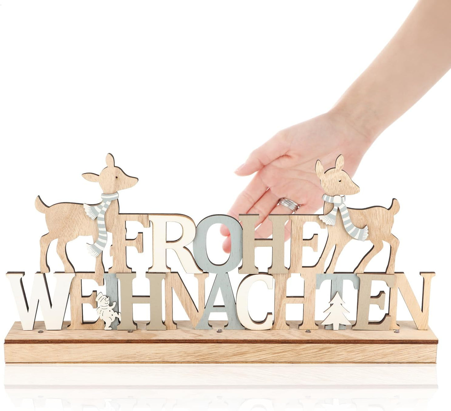 LED Holzaufsteller mit Timer - Frohe Weihnachten, Rentiere - grau