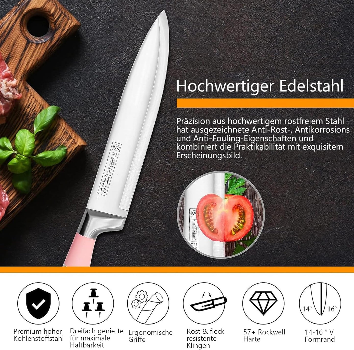 9-teiliges Messerset mit Messerblock und Schärfer, Rosa