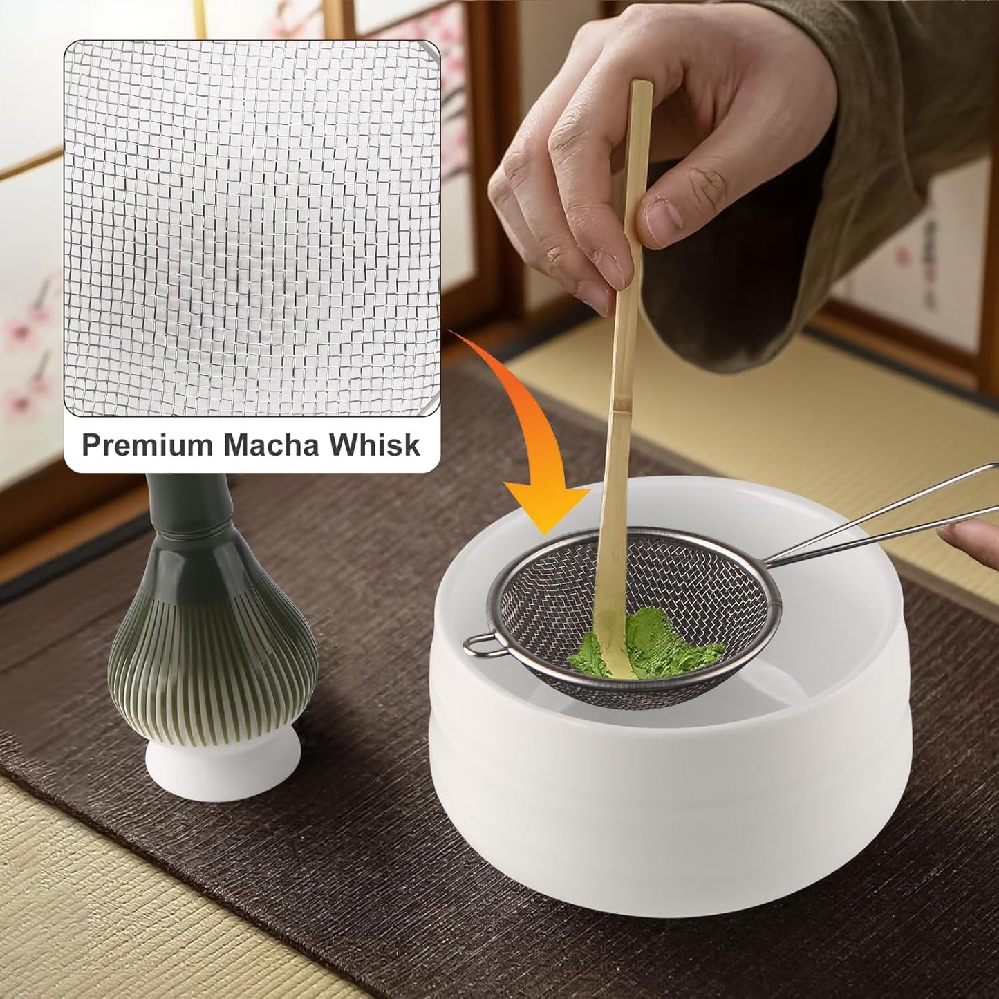Matcha-Set, Flachauslauf, Mattweiss Harz – Grün