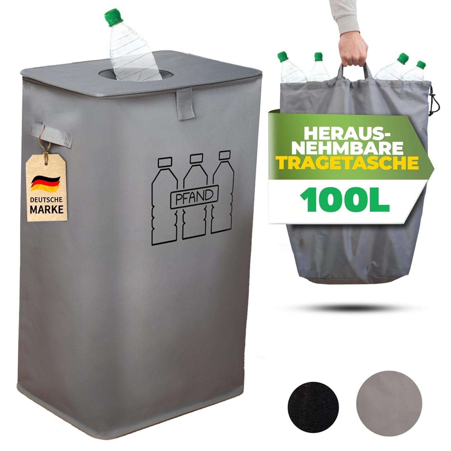 Pfandflaschen Sammelbehälter mit Tragetasche, Grau