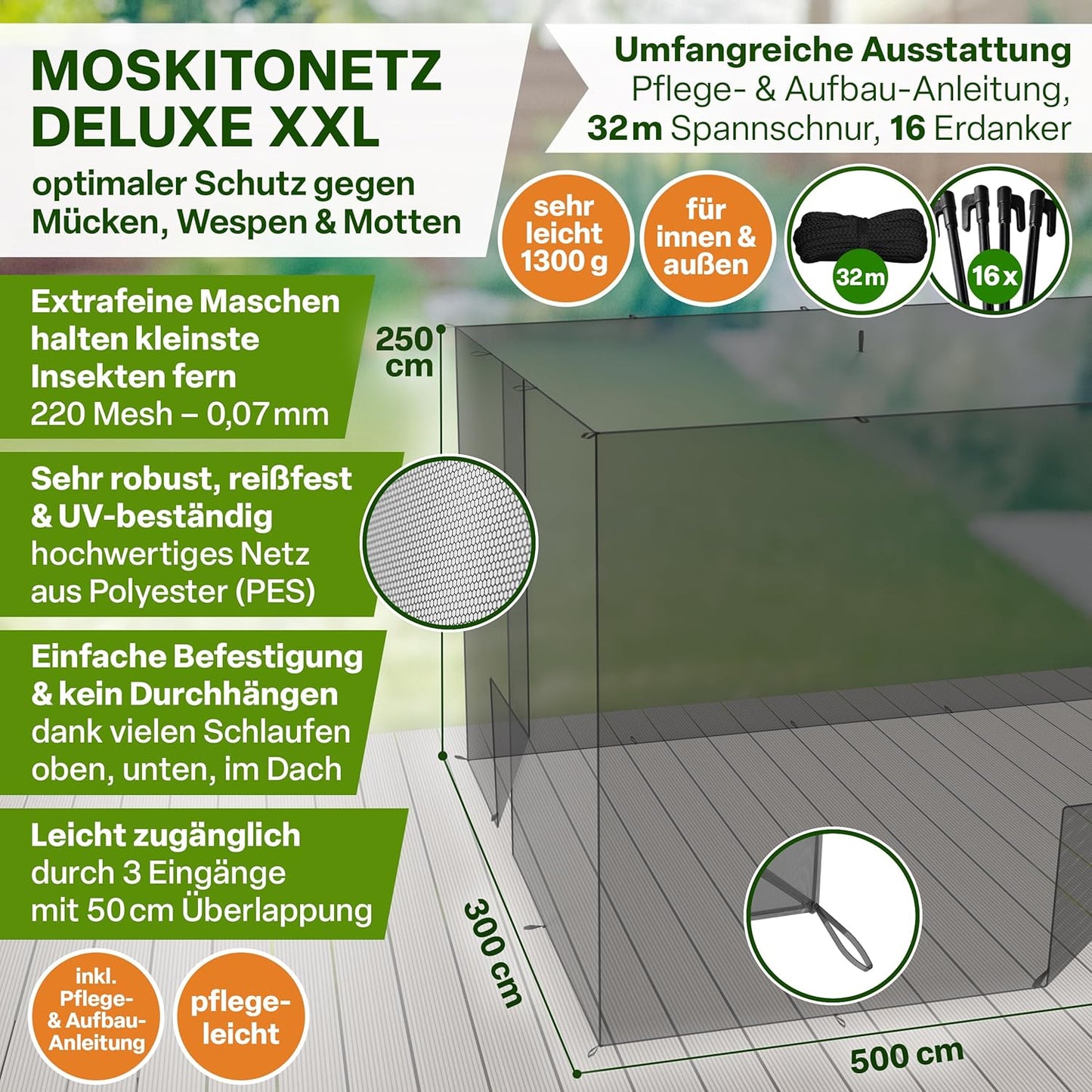Moskitonetz Deluxe XXL mit 3 Eingängen, feinmaschig, L500xB300xH250 cm Schwarz