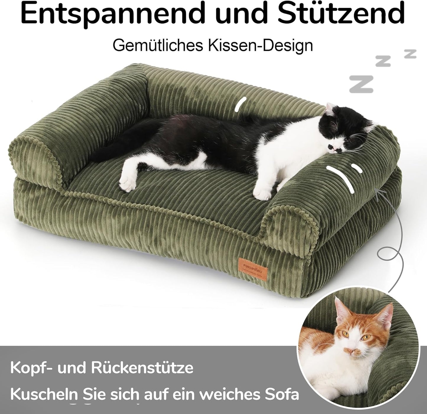 Gemütliches Katzensofa mit waschbarem Bezug, L 72cm x B 52cm x H 22cm Grün