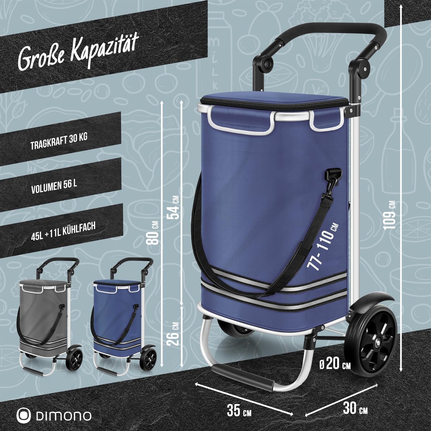 3-in-1 Einkaufstrolley Rolltex mit Kühlfach (56 L), Blau