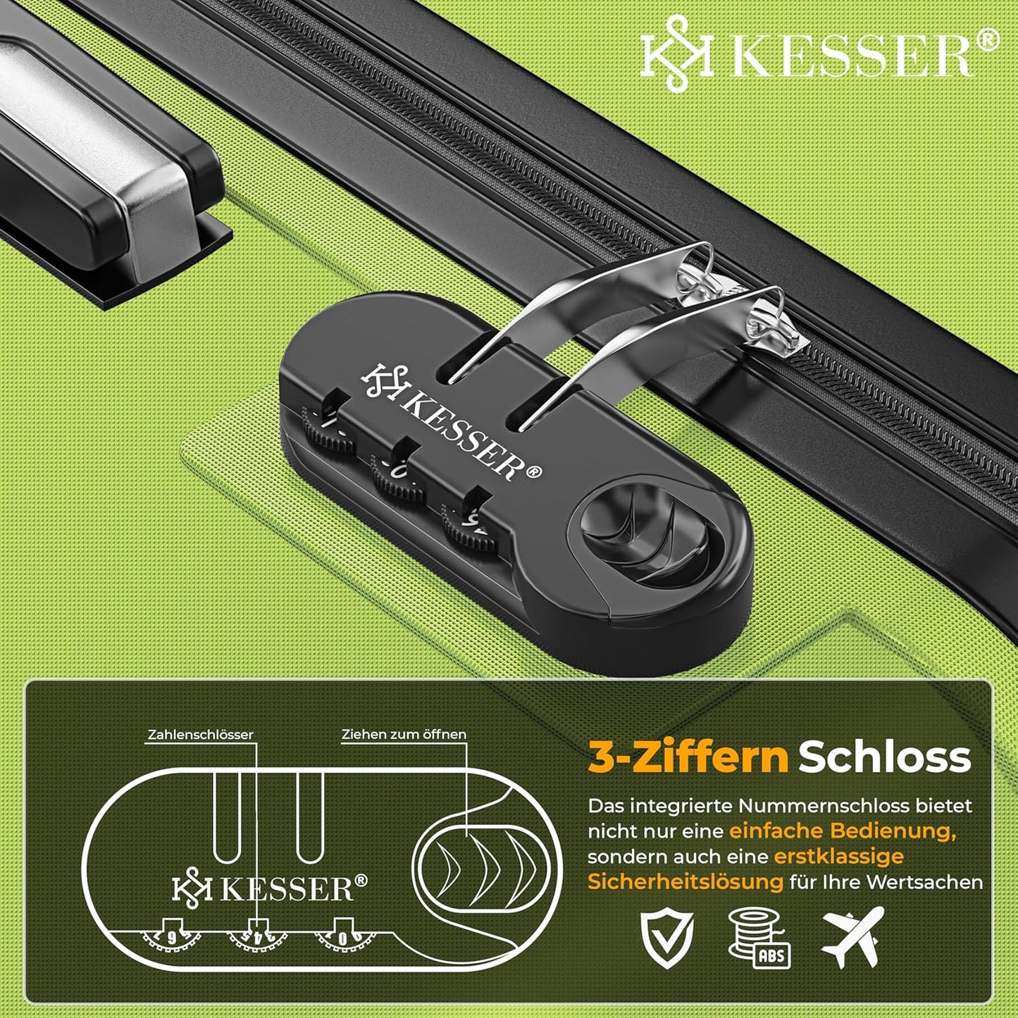 Handgepäck Trolley-Koffer 55L mit Zubehör, Handgepäck 55cm - 55L Hellgrün