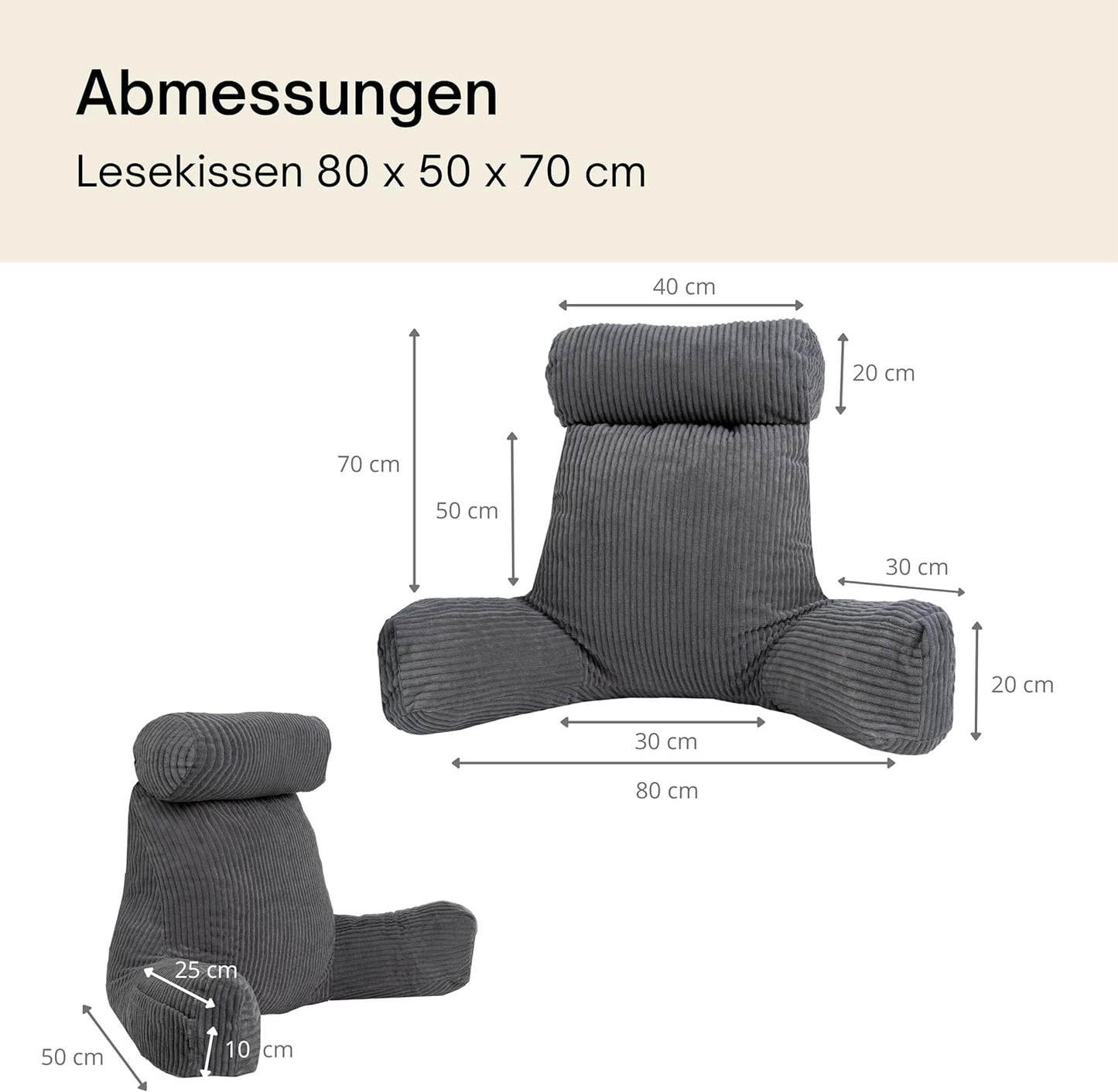 Ergonomisches Lesekissen mit Armlehnen, Kissen abnehmbar Grau - Cord-samt - Abnehmbar