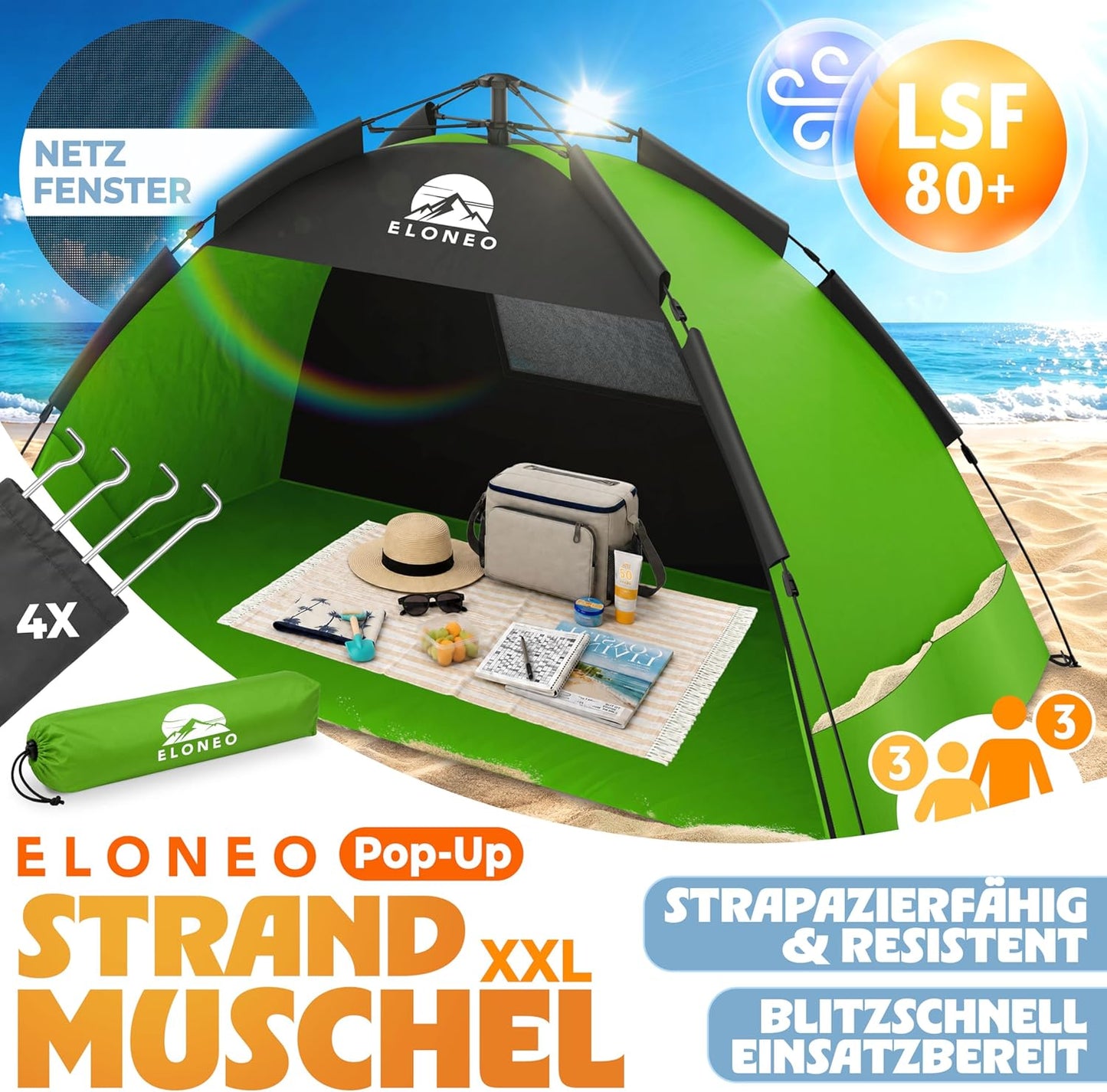 Pop Up Strandmuschel UV Schutz 80+, Grün 220 x 150 x 130 cm
