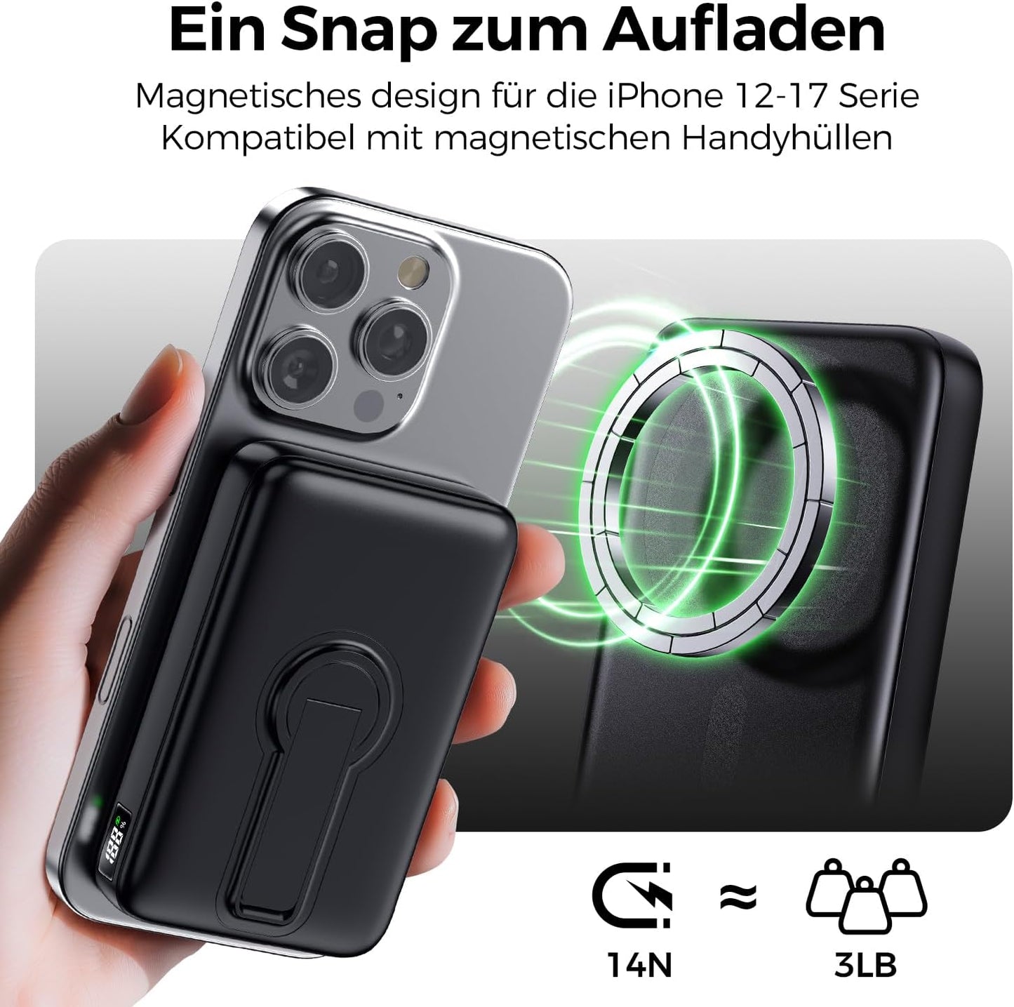 Magnetische Powerbank mit Schnellladefunktion, Schwarz