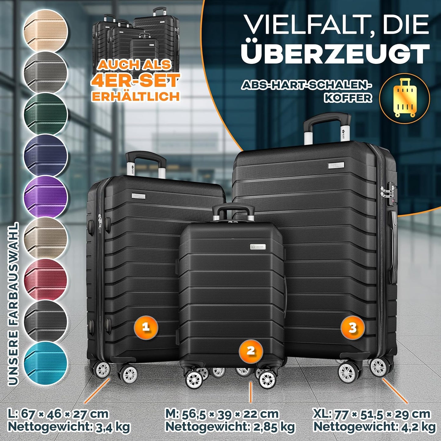 Reisekoffer-Set mit Gepäckwaage und TSA-Schloss (3-teilig), Schwarz Kofferset 3tlg