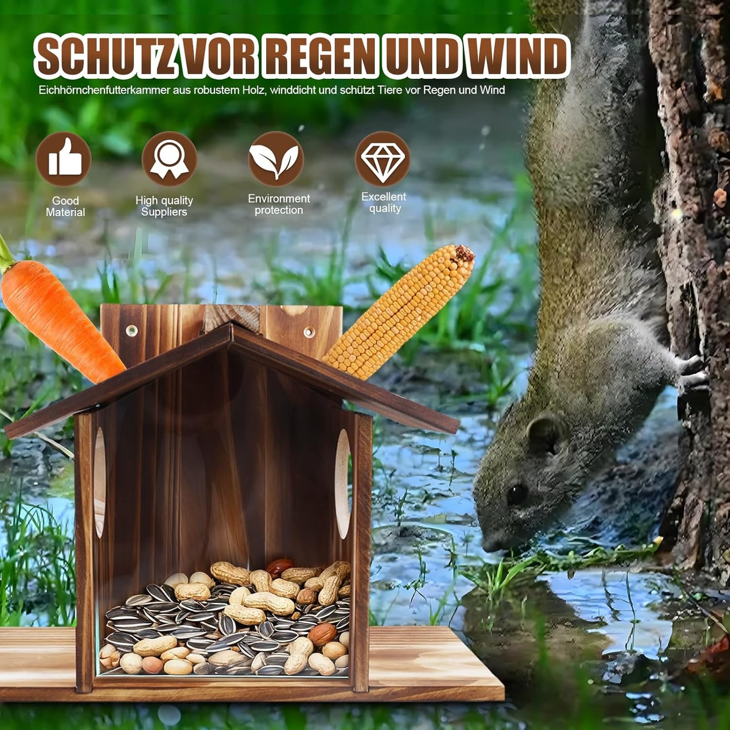 Wetterfestes Eichhörnchen-Futterhaus aus Holz