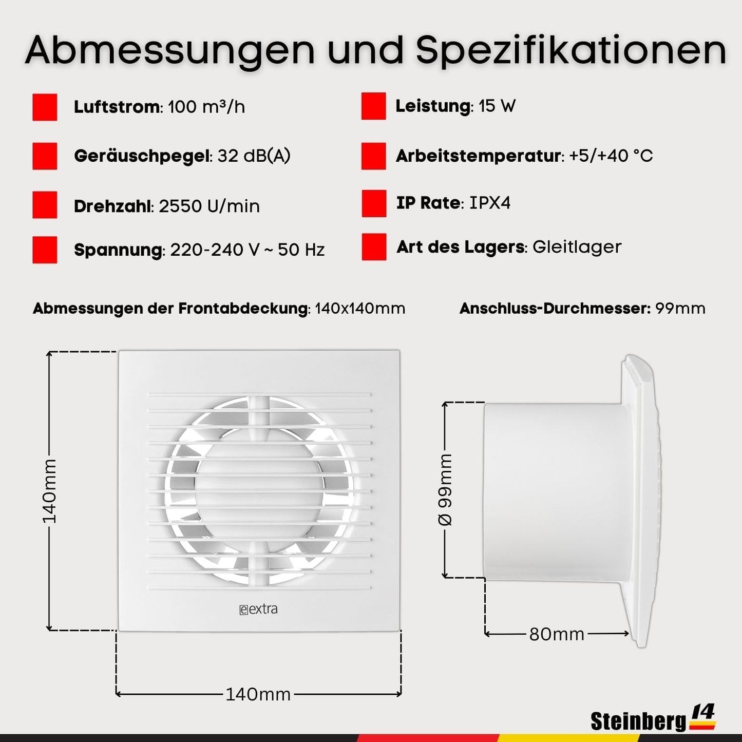 Abluftventilator, Ø 100mm Weiß