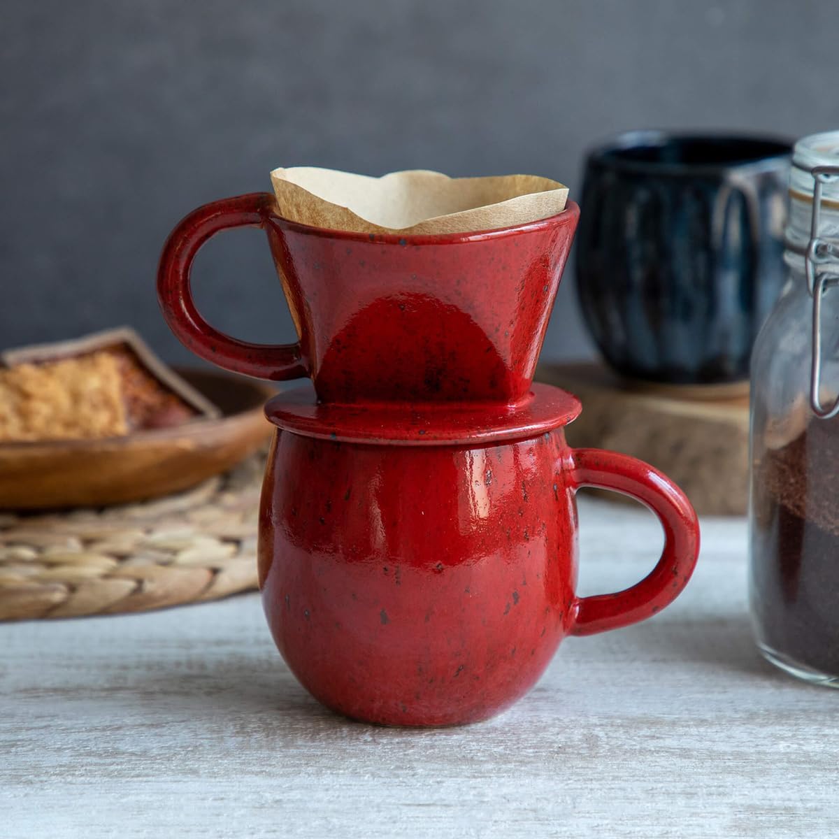 Keramik Kaffeeaufguss-Set mit Papierfilterhalterung, Komplettes 2-teiliges Set