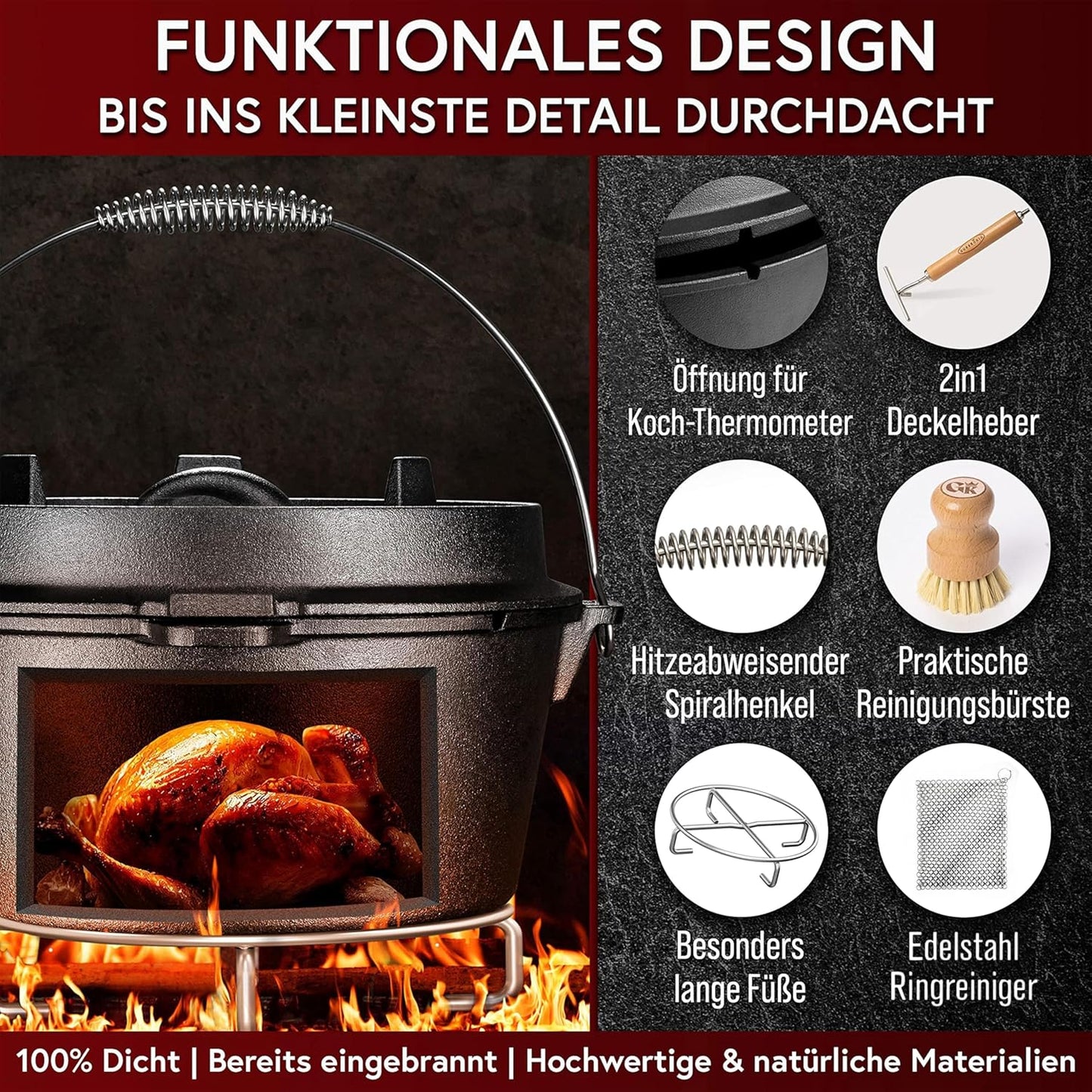 Dutch Oven Set mit Zubehör & Rezeptbuch, Topf Ohne Fuss+Ringreiniger 9 Liter