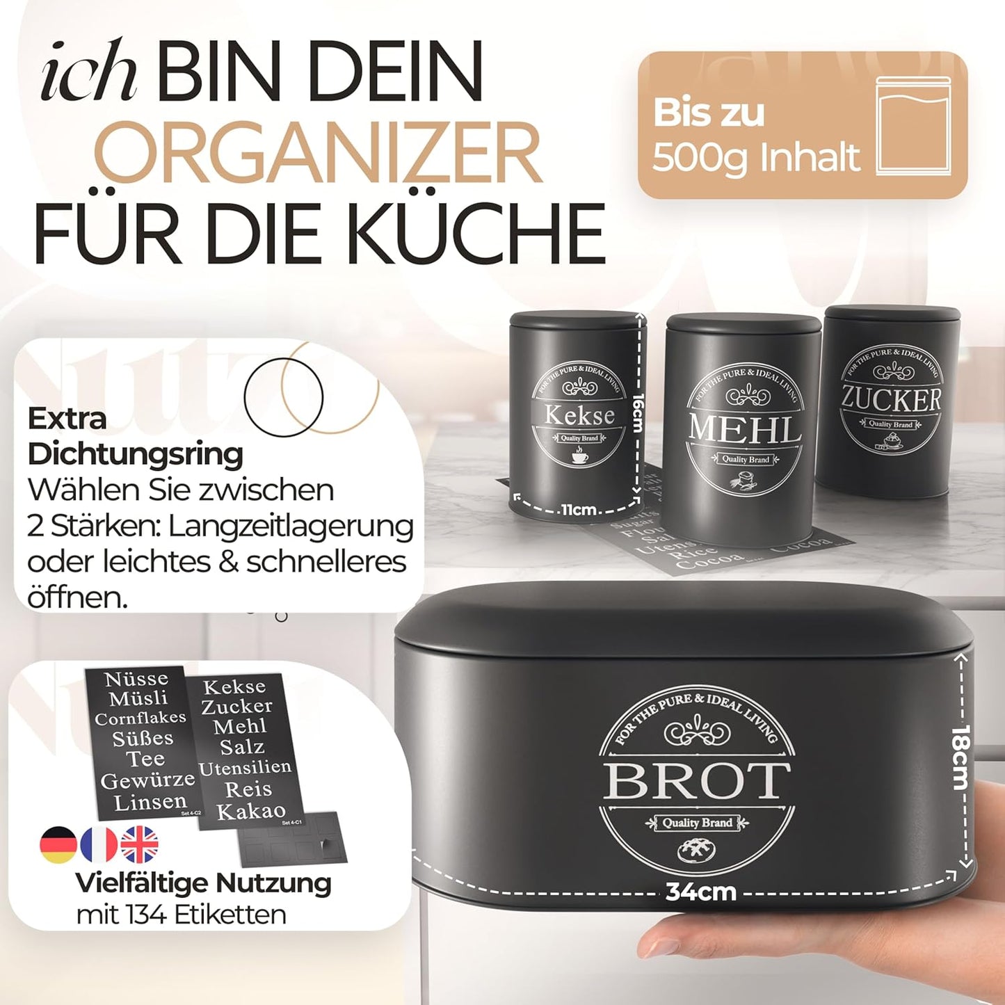 Brotkasten und Vorratsdosen-Set für Kaffee, Mehl und Zucker, Brot, Kaffee, Zucker, Mehl Set