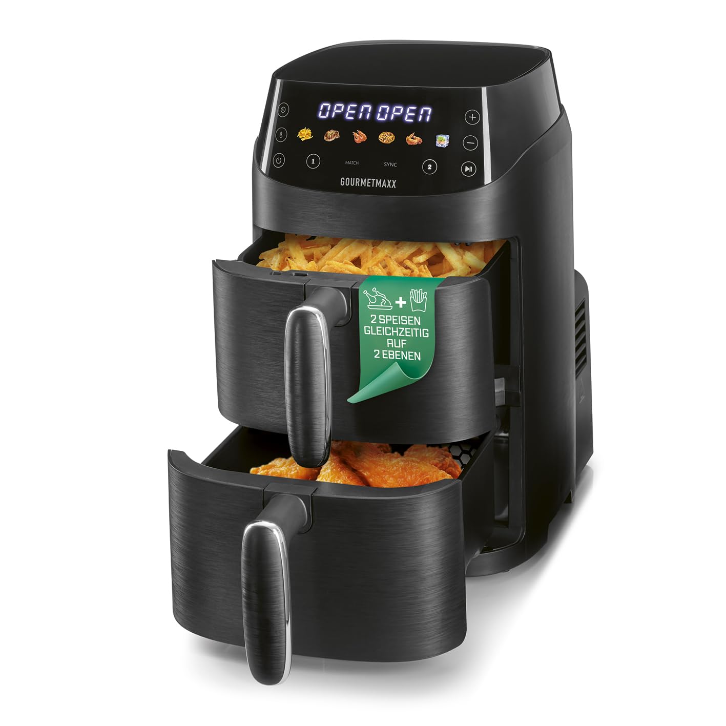 FryUp Vertikale Doppelkammer Heissluftfritteuse mit MultiColour-LED-Touchdisplay, Schwarz 5 Liter (2x 2,5L)