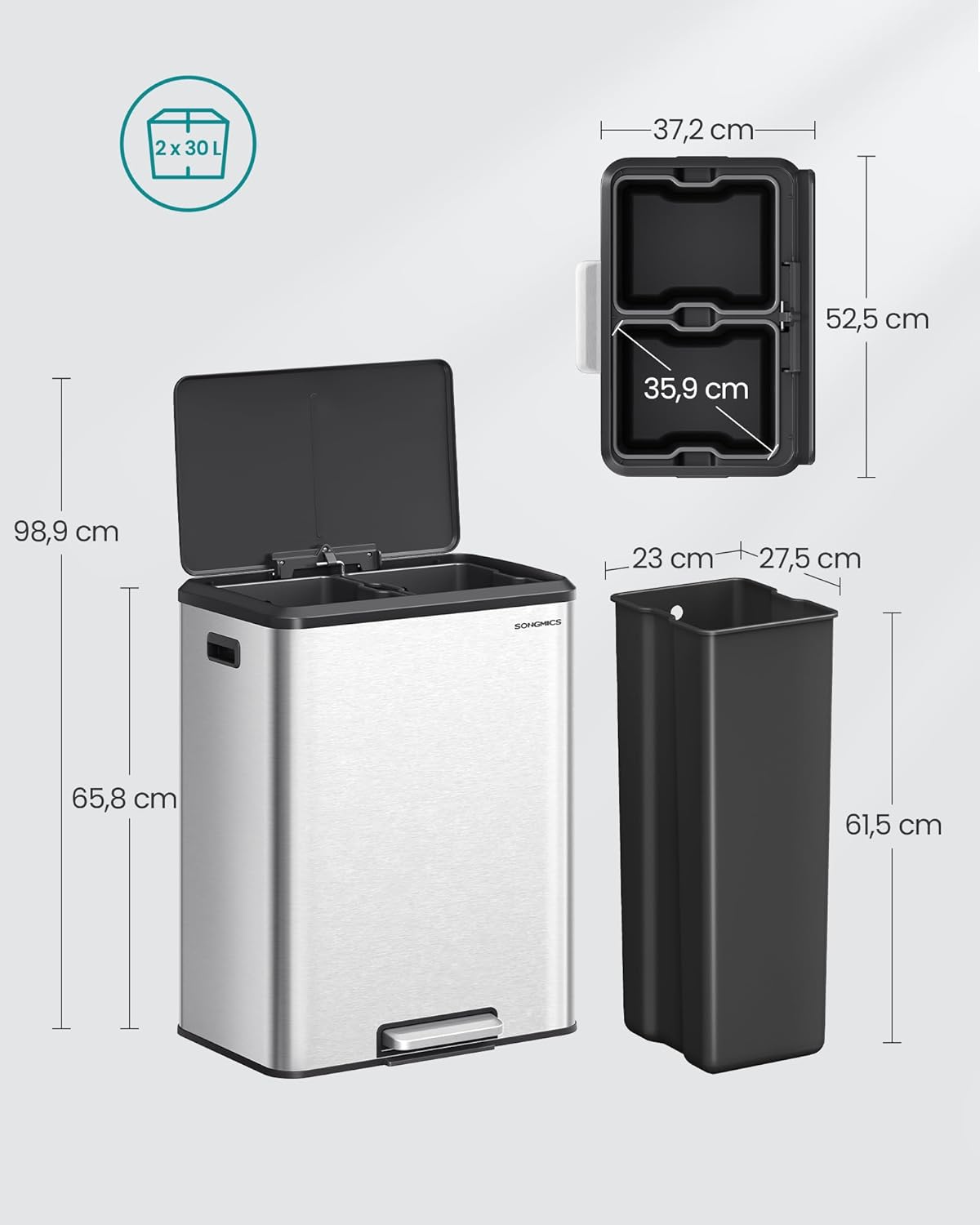 Mülltrennsystem mit Softclose-Deckel, metallicsilber / 2 x 30 L